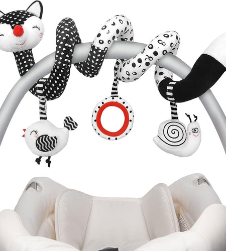 Euyecety Baby Spiral Plush Toys, Black White Stroller Toy Stretch & Spiral Activity Toy Car Seat Toys, Hanging Rattle Toys for Crib Mobile, Newborn Sensory Toy Best Gift for 0 3 6 9 12 Months Baby-Fox